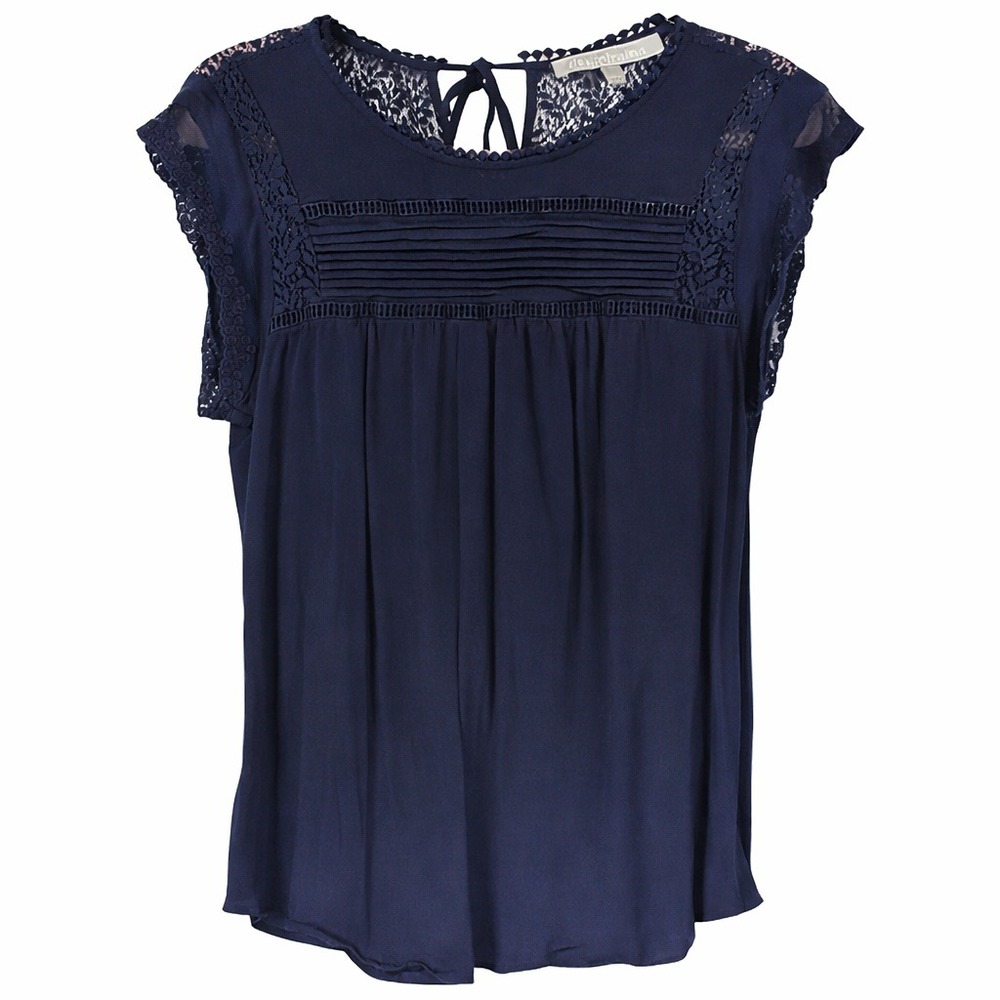 Daniel Rainn Navy Blue Lace Pintuck Short Sleeve Blouse L Bohemian Girlhood